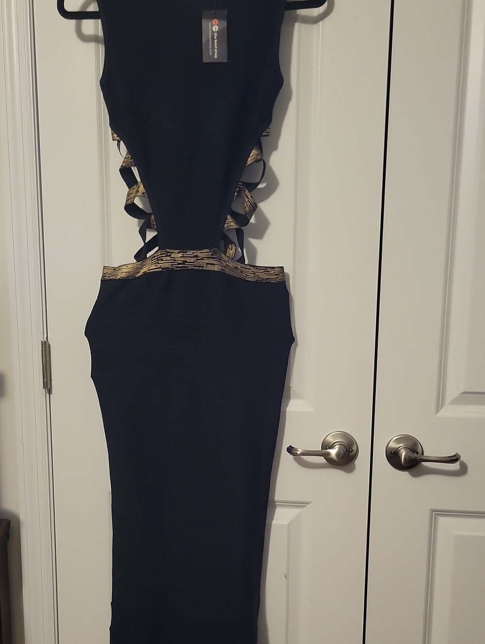 Women's Black Cutout Bodycon Dress with Metallic Trim